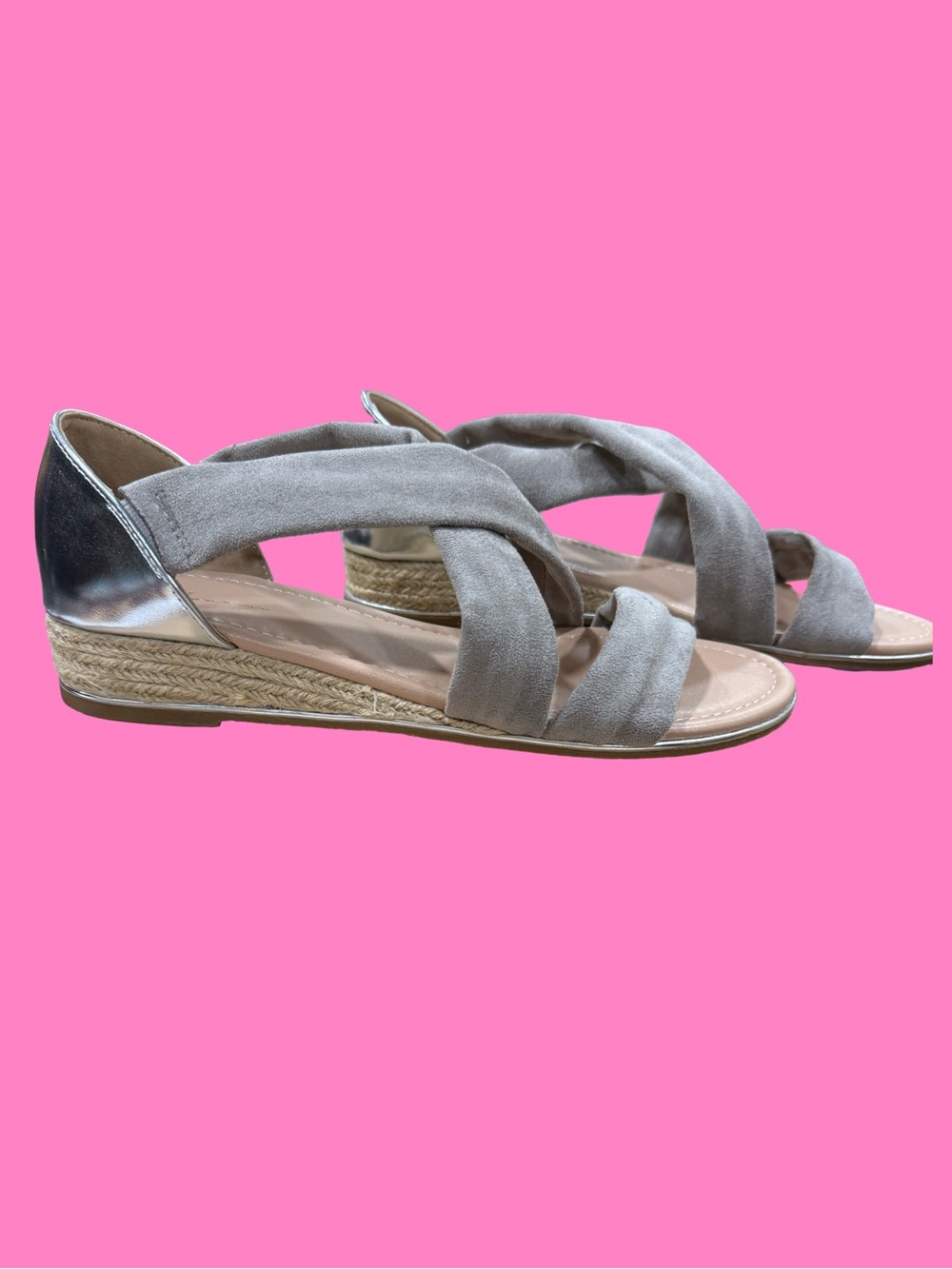 Vintage Havana Taupe Crisscross Espadrille Sandals with Silver Heel Cap